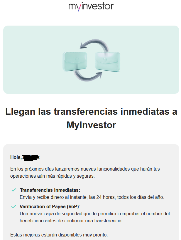Aviso de transferencias inmediatas MyInvestor