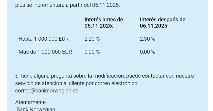 Bank Norwegian mejora el interés de sus Cuentas de Ahorro.