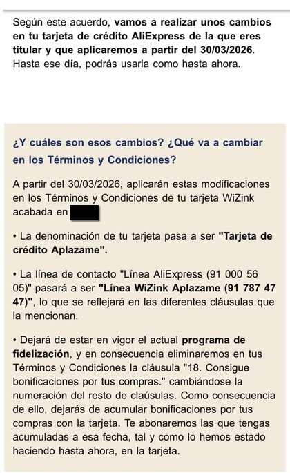 Comunicación recibida por WiZink acerca de la tarjeta AliExpress