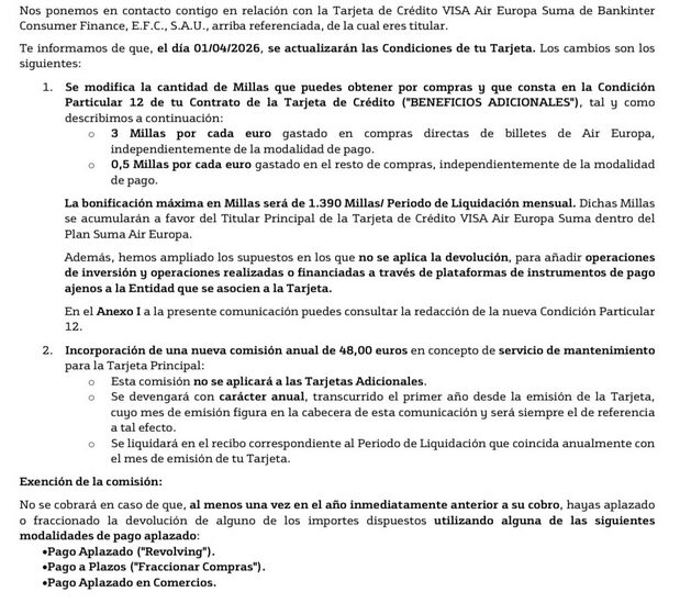 Nuevas condiciones de la Tarjeta Visa Air Europa Suma.